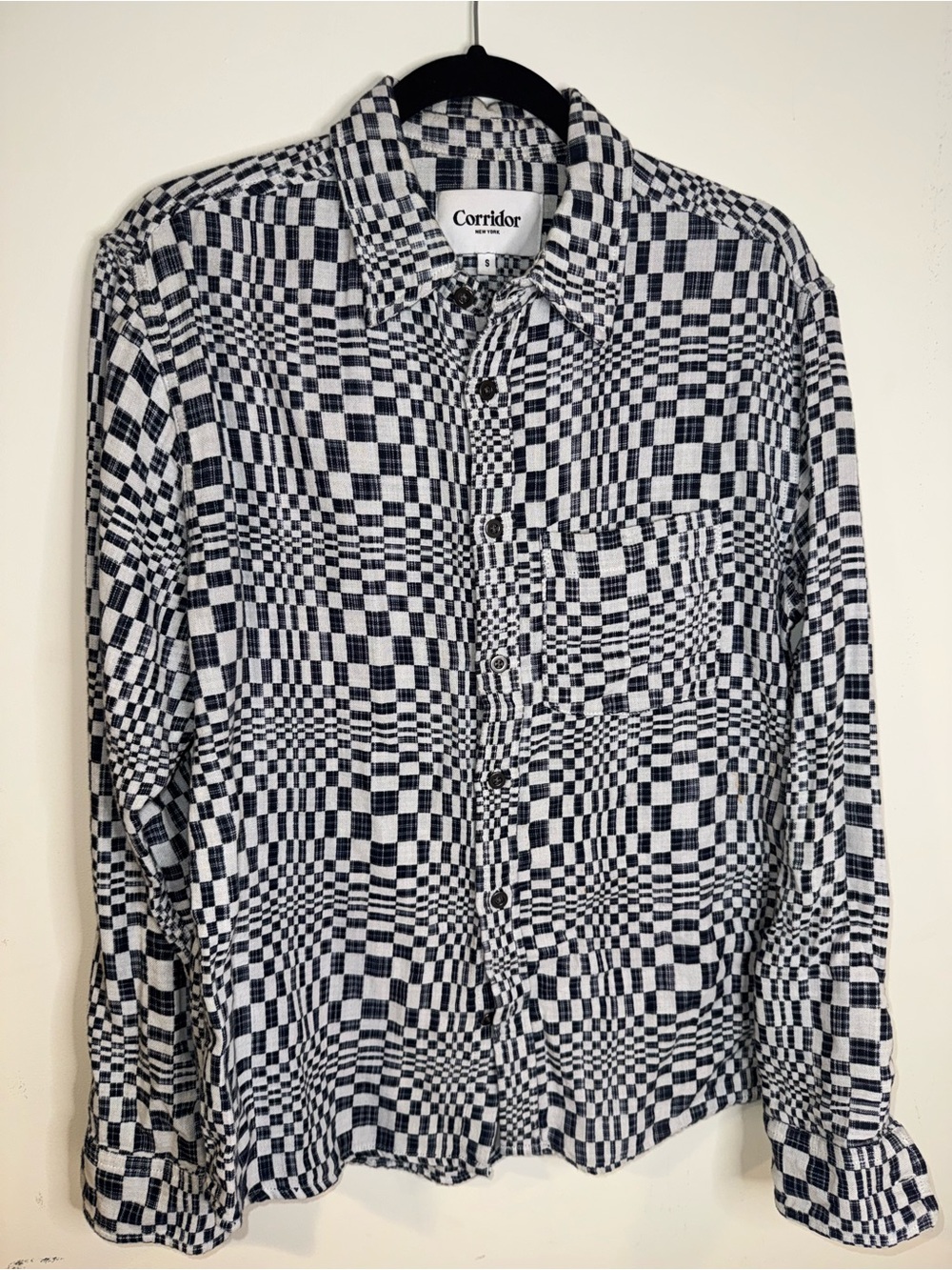 Corridor NY Men’s S Black Ivory Distorted Checkerboard Patchwork Woven Shirt